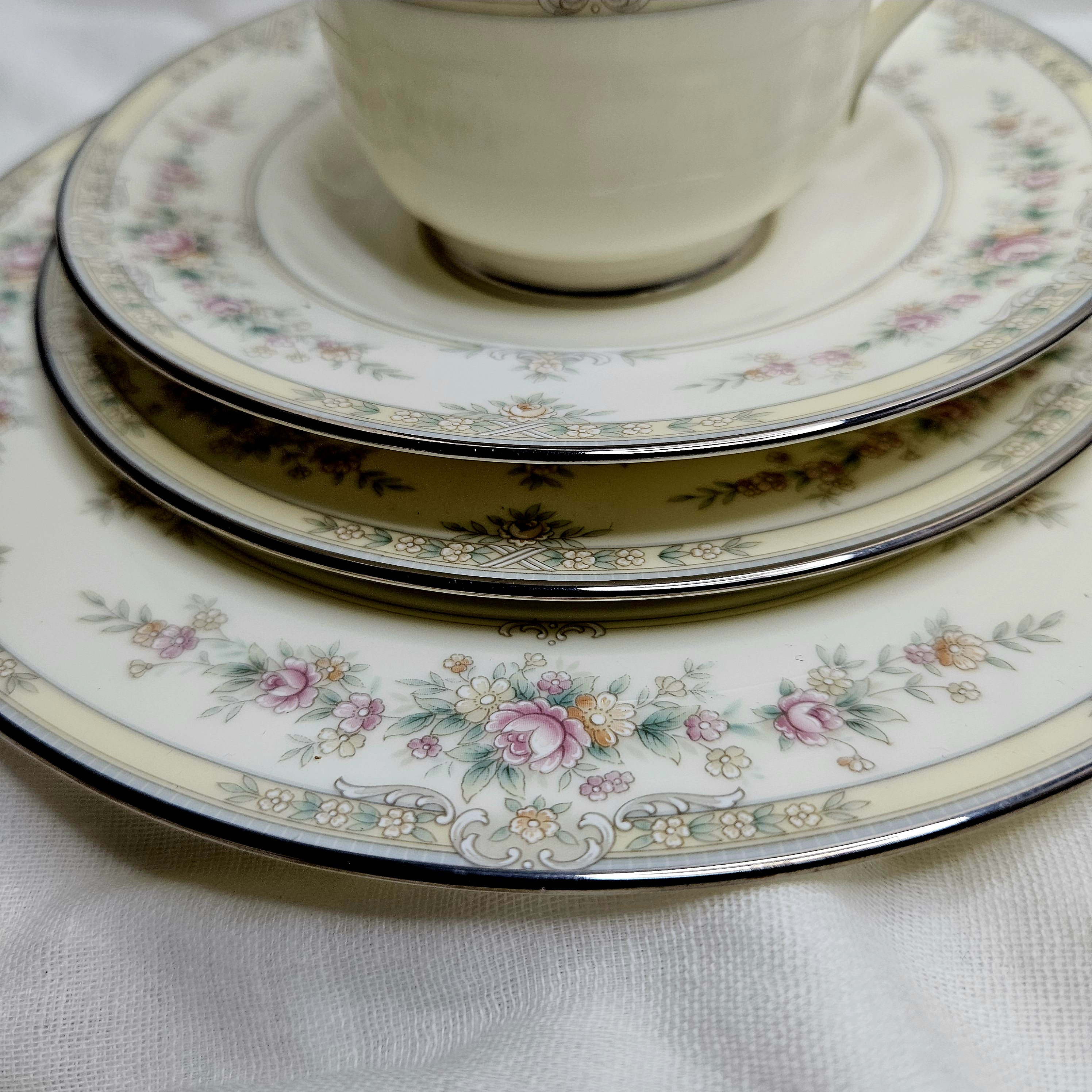 Pink Rose Ivory China With Platinum Trim Dinnerware Sets, Vintage