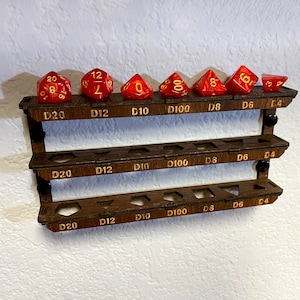 Wooden Wall Mounted Labeled Dice Holder and Display for Standard TTRPG Dice Set