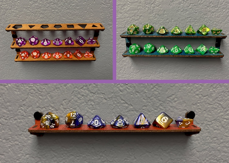 May include: Three wooden shelves with different coloured dice on each shelf. The shelves are mounted on a wall. The dice are various colours, including green, blue, purple, and orange.