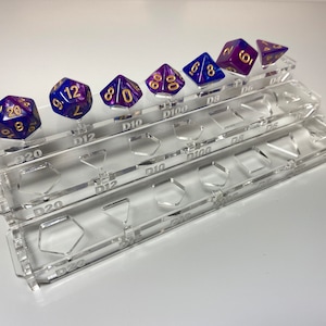 Translucent Acrylic Dice Holder and Display for Standard TTRPG Dice Set with Labels