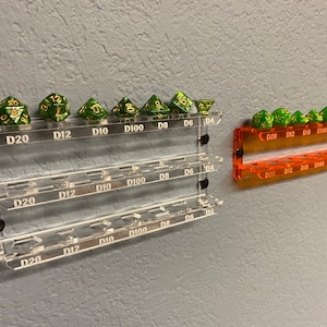 Acrylic Wall-Mounted Dice Holder and Display for Standard TTRPG Dice Set with Labels