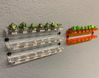 Acrylic Wall-Mounted Dice Holder and Display for Standard TTRPG Dice Set with Labels