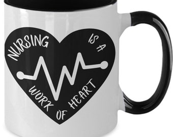 RN Nurse Mug - Nursing is a work of heart -Two Toned Novelty Coffee Mug - 11oz