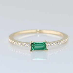 14k Solid Gold Emerald Baguette Ring, Real Gold Emerald Ring,  Premium Unique Design Pave Band, Handmade Fine Jewelry By Selanica