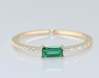 14k Solid Gold Emerald Baguette Ring, Real Gold Emerald Ring,  Premium Unique Design Pave Band, Handmade Fine Jewelry By Selanica