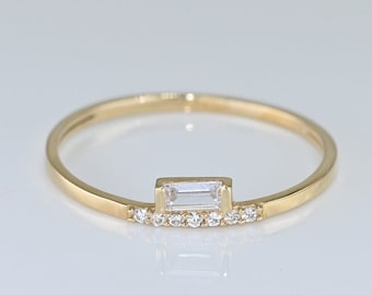 14k Solid Gold Dainty Baguette Ring / Real Gold Stackable Dainty Baguette Ring For Her / Handmade Fine Jewelry By Selanica