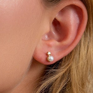 14k Solid Gold Pearl Stud Earrings with Moissanite - Dainty Fine Jewelry