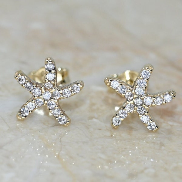 14k Solid Gold Dainty Starfish Earring / Real Gold Gemstone Earring For Her / Handmade Fine Jewelry By Selanica