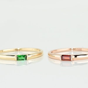 Solid Gold Birthstone Ring, Real Gold Birth Stone Ring, Dainty Premium Baguette Ring, Handmade Fine Jewelry By Selanica