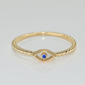 Solid Gold Sapphire Evil Eye Ring / Real Gold Dainty Evil Eye Ring / Stackable Minimalist Eye Ring / Handmade Fine Jewelry By Selanica