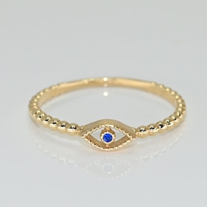 14k Solid Gold Sapphire Evil Eye Ring / Real Gold Dainty Evil Eye Ring / Stackable Minimalist Eye Ring / Handmade Fine Jewelry By Selanica