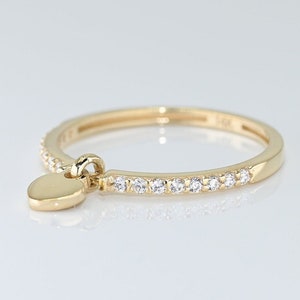 Solid Gold Heart Charm Ring, Real Gold Dainty Heart Dangle Ring, Unique Design Premium Pave Band, Handmade Fine Jewelry By Selanica