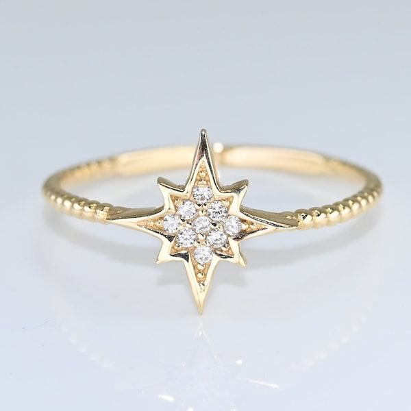 14k Solid Gold Dainty North Star Ring  / Real Gold North Star Cluster Ring / Dainty Celestial Star Ring / Handmade Fine Jewelry By Selanica