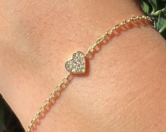 14k Solid Gold Heart Bracelet, Real Gold Dainty Chain Bracelet, Handmade Premium Fine Jewelry by Selanica