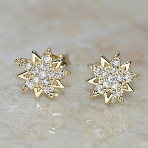 Solid Gold Dainty Star Earrings / Real Gold Moissanite Pair of Earrings For Her / Handmade Fine Jewelry By Selanica