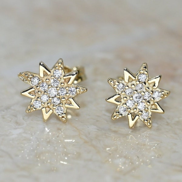 14k Solid Gold Dainty Star Earring / Real Gold Moissanite Earring For Her / Handmade Fine Jewelry By Selanica