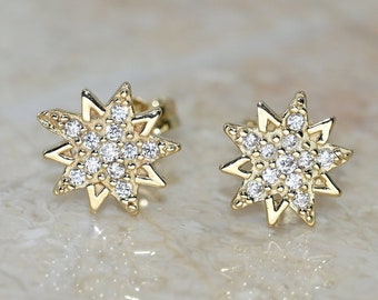 14k Solid Gold Dainty Star Earring / Real Gold Moissanite Earring For Her / Handmade Fine Jewelry By Selanica