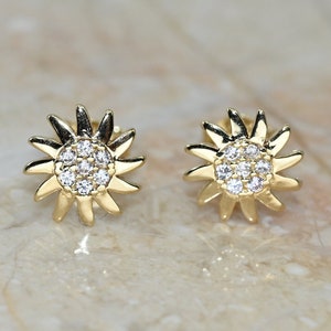 14k Solid Gold Dainty Sun Earring / Real Gold Moissanite Earring For Her / Handmade Fine Jewelry By Selanica