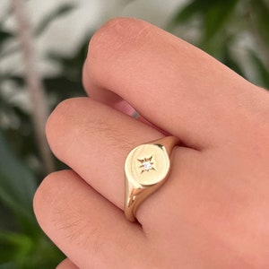 14k Solid Gold North Star Signet Ring, Real Gold Compass Signet Ring, 14k Celestial Signet Ring For Her, Handmade Fine Jewelry By Selanica