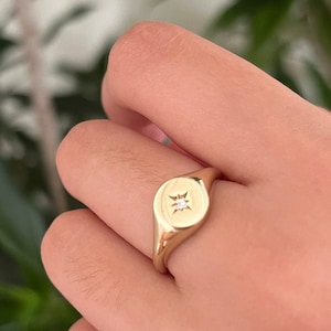Solid Gold North Star Signet Ring, Real Gold Compass Signet Ring, 14k Celestial Signet Ring For Her, Handmade Fine Jewelry By Selanica