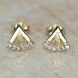 Solid Gold Dainty Fan Earrings / Real Gold Premium Pair of Earrings For Her / Handmade Fine Jewelry By Selanica