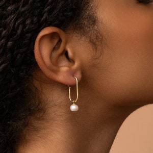 May include: A woman with dark brown hair wearing a pair of gold hoop earrings with a pearl dangling from each hoop.
