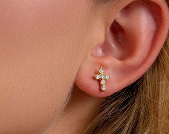 14k Solid Gold Cross Earrings: Moissanite Studs, Handmade Jewelry