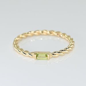 Solid Gold Dainty Peridot Ring / Real Gold Peridot Baguette Ring / August Birth Stone Ring / Handmade Fine Jewelry By Selanica