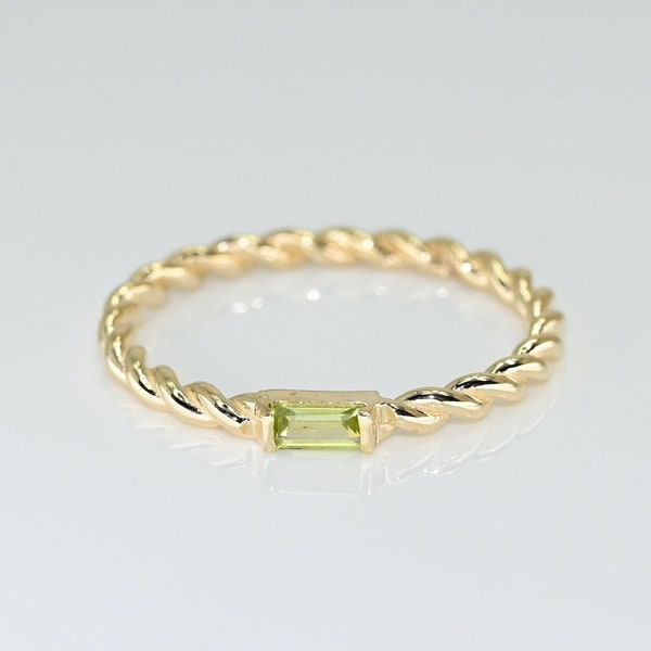 14k Solid Gold Dainty Peridot Ring / Real Gold Peridot Baguette Ring / August Birth Stone Ring / Handmade Fine Jewelry By Selanica