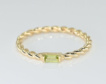 14k Solid Gold Dainty Peridot Ring / Real Gold Peridot Baguette Ring / August Birth Stone Ring / Handmade Fine Jewelry By Selanica