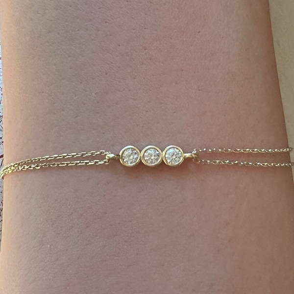 Gold Chain Bracelet, 14k Solid Gold Dainty Bracelet, Real Gold 3 Stone Moissanite Bracelet For Her, Handmade Fine Jewelry by Selanica