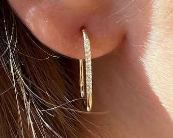 14k Solid Gold Rectangular Hoop Earrings: Pave Moissanite Fine Jewelry