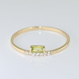 14k Solid Gold Dainty Peridot Ring / Real Gold Natural Peridot Baguette Ring / August Birth Stone Ring / Handmade Fine Jewelry By Selanica