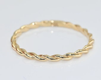 14k Solid Gold Dainty Twist Band Ring /  Real Gold Stackable Twist Rope Ring / Dainty Wedding Band / Handmade Fine Jewelry By Selanica