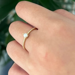 Dainty 14k Solid Gold Pearl Ring: Beaded Band, June Birthstone
