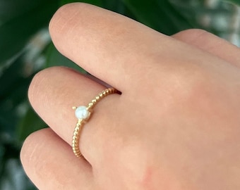 14k Solid Gold Dainty Pearl Ring, Real Gold Natural Pearl Ring,  Unique Beaded Band Pearl Ring, Handmade Fine Jewelry By Selanica