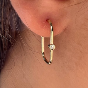 14k Solid Gold Rectangular Hoop Earrings: Moissanite Bezel