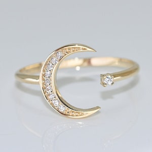 14k Solid Gold Dainty Moon Star Ring / Real Gold Open Band Crescent Ring / Unique Design For Her / Handmade Fine Jewelry By Selanica