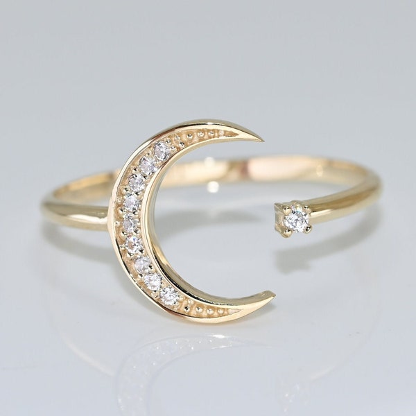 14k Solid Gold Dainty Moon Star Ring / Real Gold Open Band Crescent Ring / Unique Design For Her / Handmade Fine Jewelry By Selanica