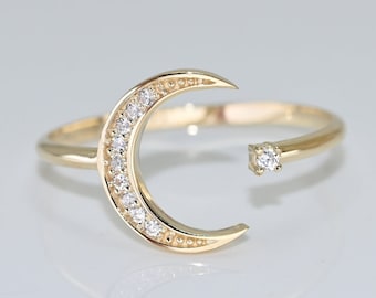 14k Solid Gold Dainty Moon Star Ring / Real Gold Open Band Crescent Ring / Unique Design For Her / Handmade Fine Jewelry By Selanica