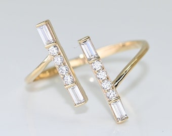 14k Solid Gold Asymmetric Double Bar Ring / Real Gold Open Band Ring / Unique Design For Her / Handmade Fine Jewelry By Selanica