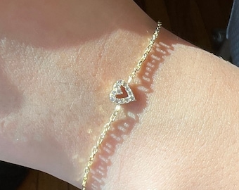 14k Solid Gold Dainty Heart Bracelet, Real Gold Chain Bracelet, Handmade Premium Fine Jewelry by Selanica