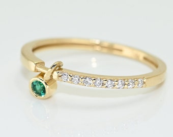 14k Solid Gold Dainty Emerald Charm Ring, Real Gold Premium Emerald Dangle Ring, Unique Pave Band For Her, Handmade Fine Jewelry By Selanica