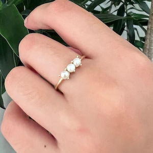 14k Solid Gold Pearl Ring: Dainty Three-Pearl Fine Jewelry