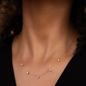 14k Solid Gold Five Stone Necklace: Dainty Moissanite Handmade Jewelry
