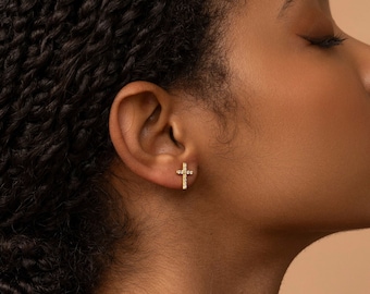 14k Solid Gold Cross Earrings: Moissanite Studs, Handmade