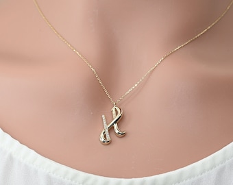 Solid Gold Letter H Necklace: Moissanite Initial Pendant