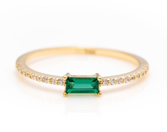 14k Solid Gold Dainty Emerald Ring, Real Gold Emerald Baguette Ring with Unique Pave Band, Handmade Fine Jewelry By Selanica