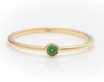 14k Solid Gold Emerald Ring, Real Gold Dainty Stackable Bezel Ring, Minimalist Design Emerald Ring, Handmade Fine Jewelry By Selanica