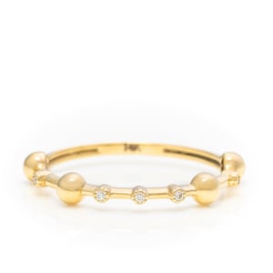 14k Solid Gold Ball Ring: Dainty Beaded Band with Moissanite